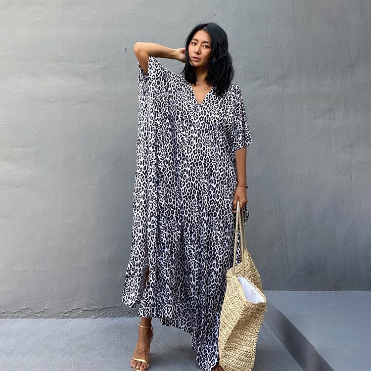 2021 European & American Leopard Print Rayon Beach Cover-up Robe with Belt