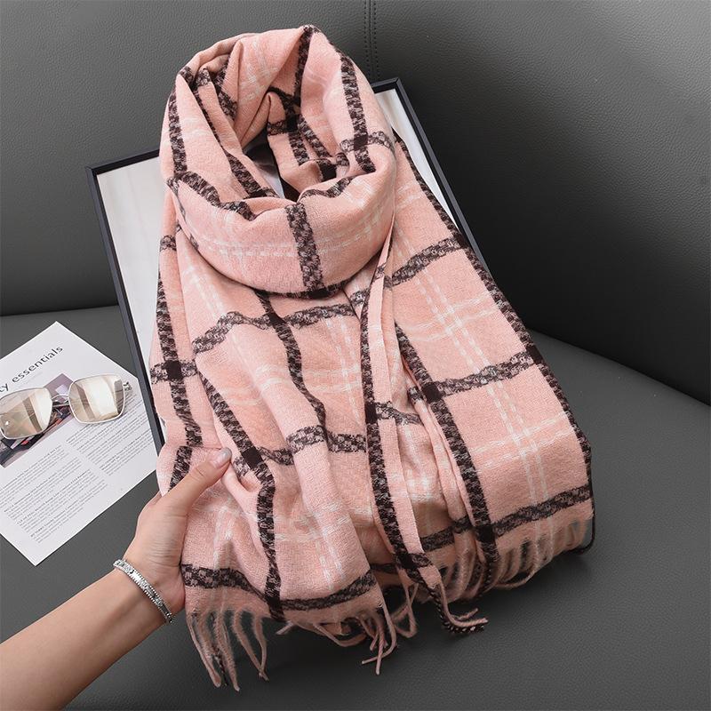 High Looking Imitation Cashmere Retro Hoop Yarn Plaid Scarf for Women Autumn and Winter Fashion Warm Tassel Shawl Scarf