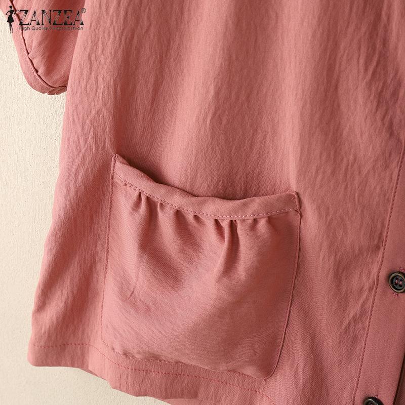 ZANZEA Женская повседневная блузка с круглым вырезом и коротким рукавом, с карманами в стиле пэчворк