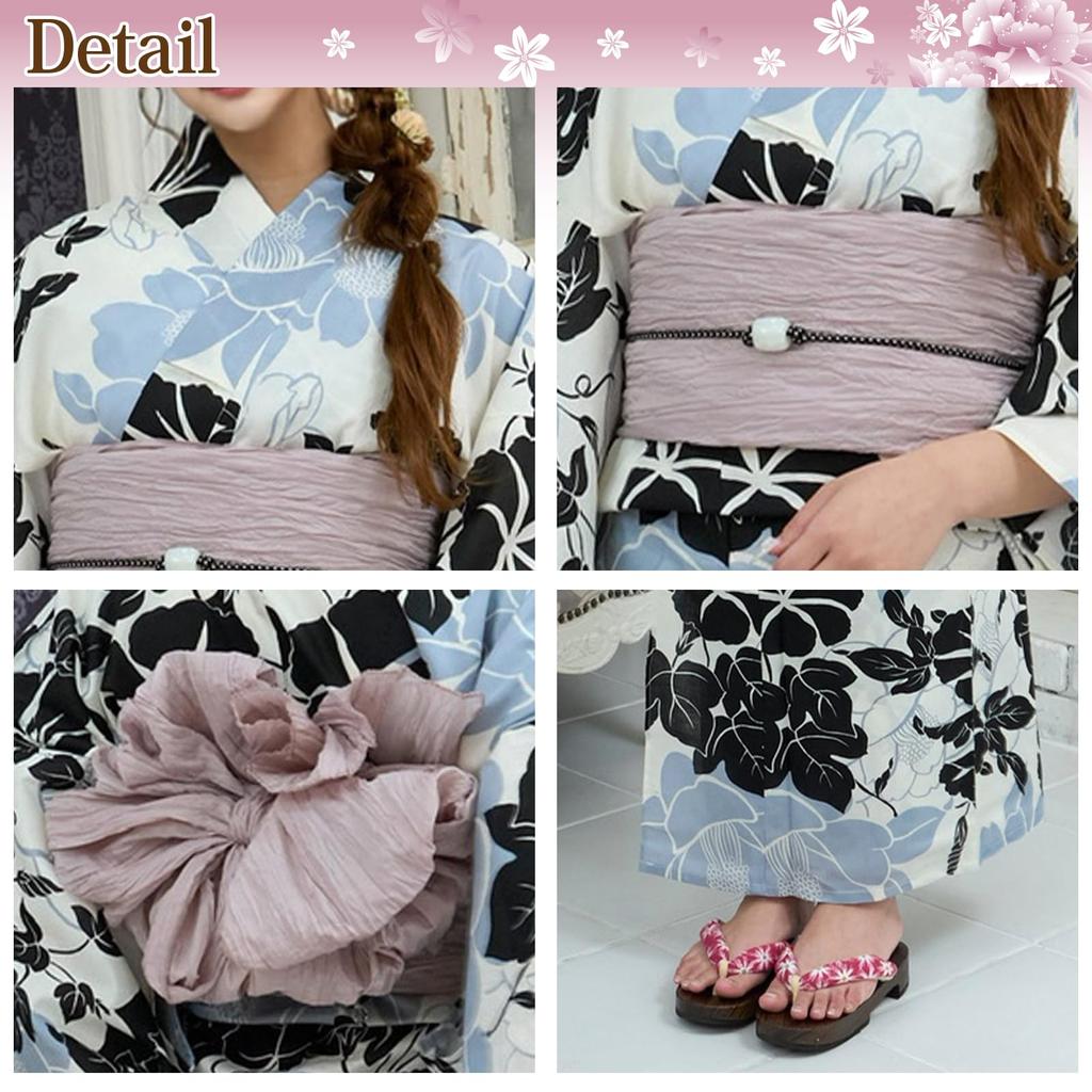 RAVIR Yukata Set with Morning and Gray Camellia Fluffy Obi and Geta One Size Fits All Women's 3-Piece White, Black, Glory, Patterns, Belt, Sandals,