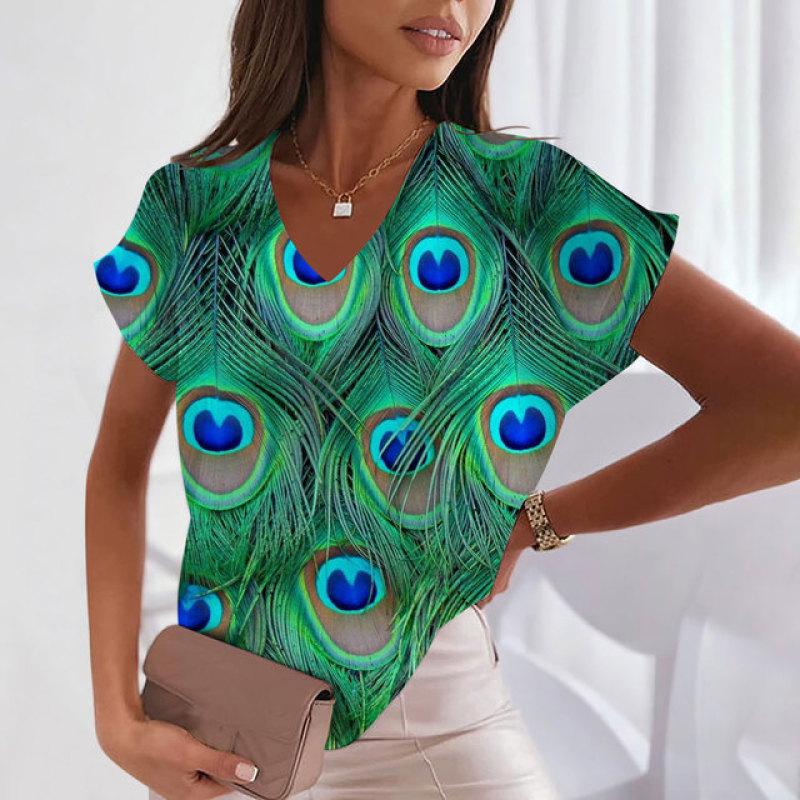 Women's V-neck Peacock Print Short Sleeve Tops Harajuku Oversized Tee Shirt Fashion Elegant Tees Casual Pullover Summer Clothing