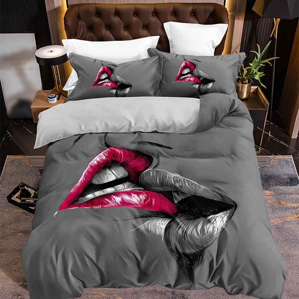 3pcs Couple Bedding Kiss Sketch Crimson Lips Kissing Guest Room Duvet Cover Set (1pc* Duvet Cover + 2pcs Pillowcase)