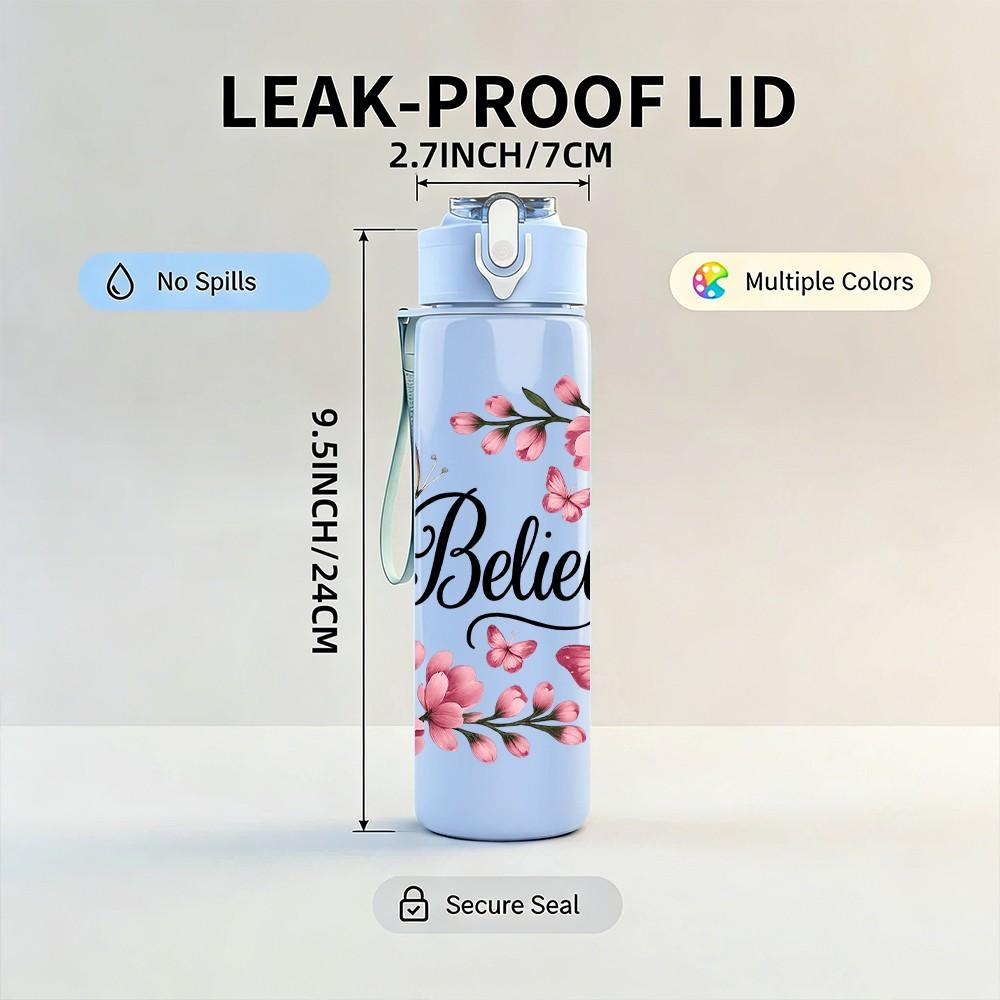 1PC Believe Butterfly Pink Floral 750ml Color Plastic Sports Water Bottle Leakproof Flip Straw Lid Suitable for Sports Office Home Use