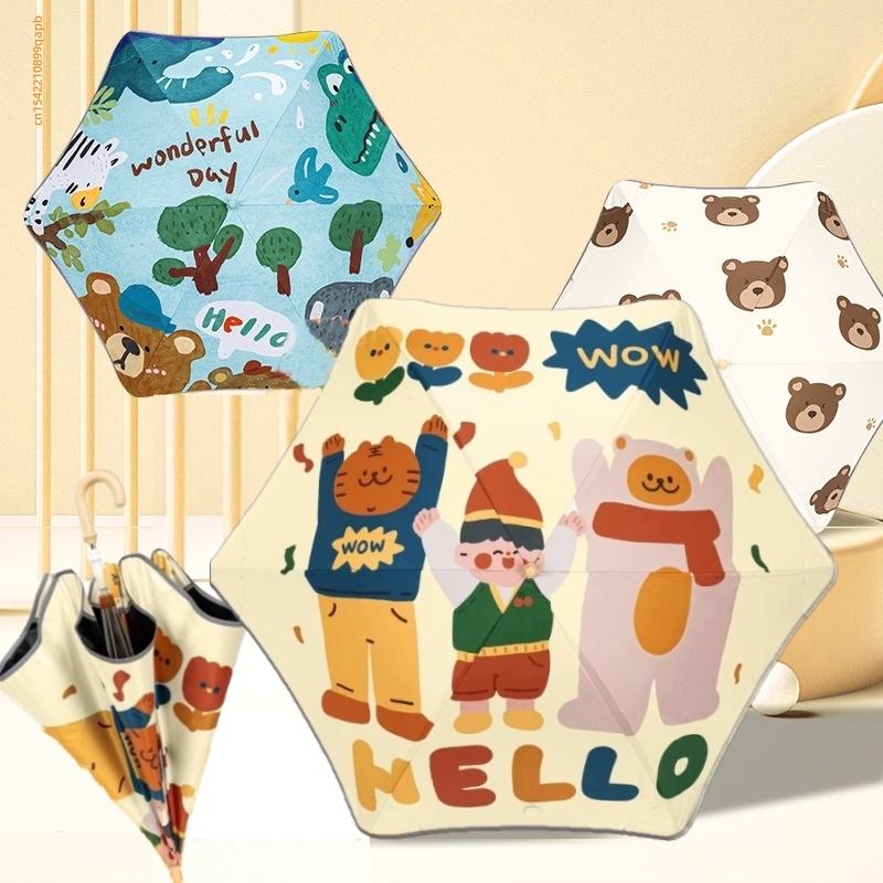 Cartoon UV Umbrella Long Hand Parasol Kids Sun Rain Umbrella Round Corners Protection Umbrellas With Reflective Strip Parasol