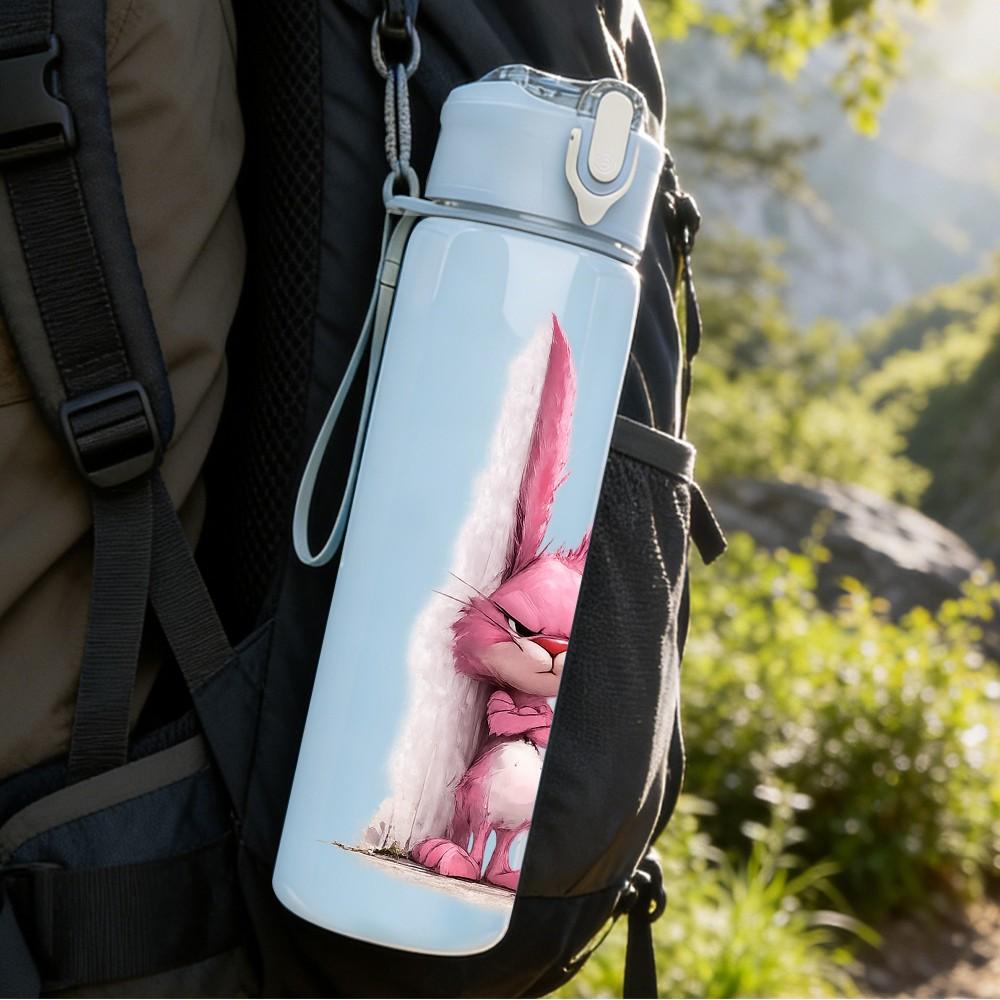 1PC Pink Long Ear Bunny Cartoon Print 750ml Color Plastic Sports Water Bottle Leakproof Flip Straw Lid Suitable for Sports Office Home Use