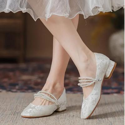 Модная женская обувь 2025 Новые туфли-лодочки на высоком каблуке для женщин, модные туфли с бусинами на шнуровке, женские туфли на высоком каблуке, горячая распродажа, большой размер, квадратный носок, женские