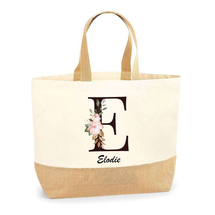 Cabas de plage - PLANETEE - Elodie Lettre Fleur - Jute naturel - Impression France - Multicolore