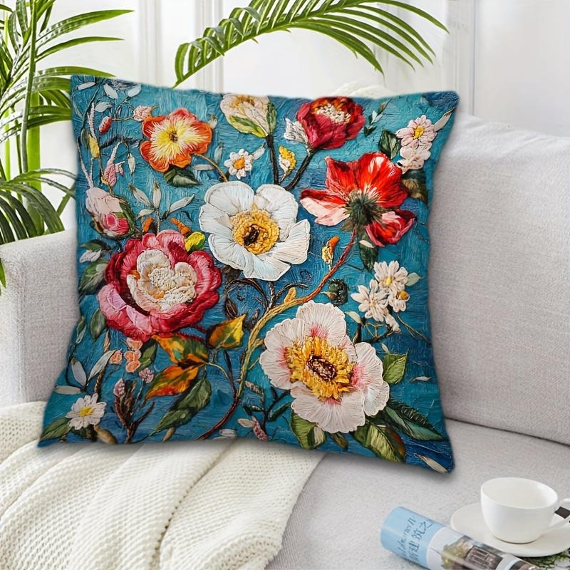 Vintage Floral Oil Painting Print Throw Pillow Cover, Teal Blue Background Colorful Wildflower Art Decorative Cushion