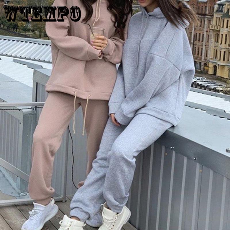 Fleece Women's Tracksuit Hoodies Two Piece Sets Winter Solid Long Sleeve Joggers Pants Suit Female Casual Sportswear Set