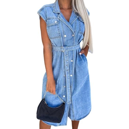 Женское джинсовое платье-рубашка без рукавов с пуговицами на лацканах, джинсовое платье, повседневное летнее платье А-силуэта с завязкой на талии для работы, офиса, вечеринки