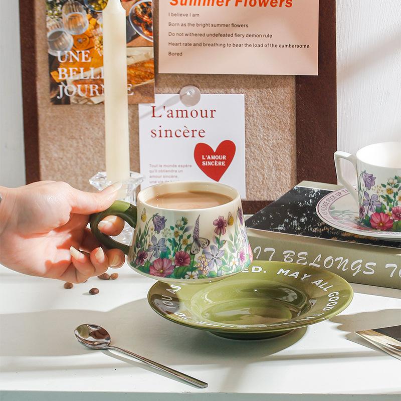 Ретро Идиллическая Кофейная Чашка с Блюдцем Антикварная Масляная Живопись Зеленый Ландыш Керамическая Чашка с Блюдцем Чашка для Послеобеденного Чая