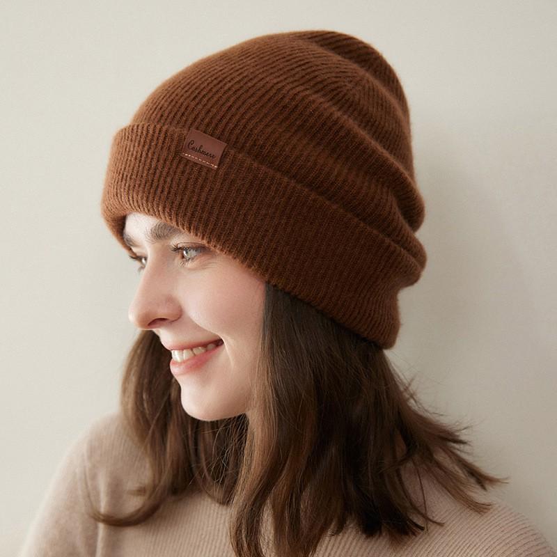 100% Cashmere Knit Beanie Hat Unisex Warm Winter Cap Foldable Ear Protection Headwear Solid Color