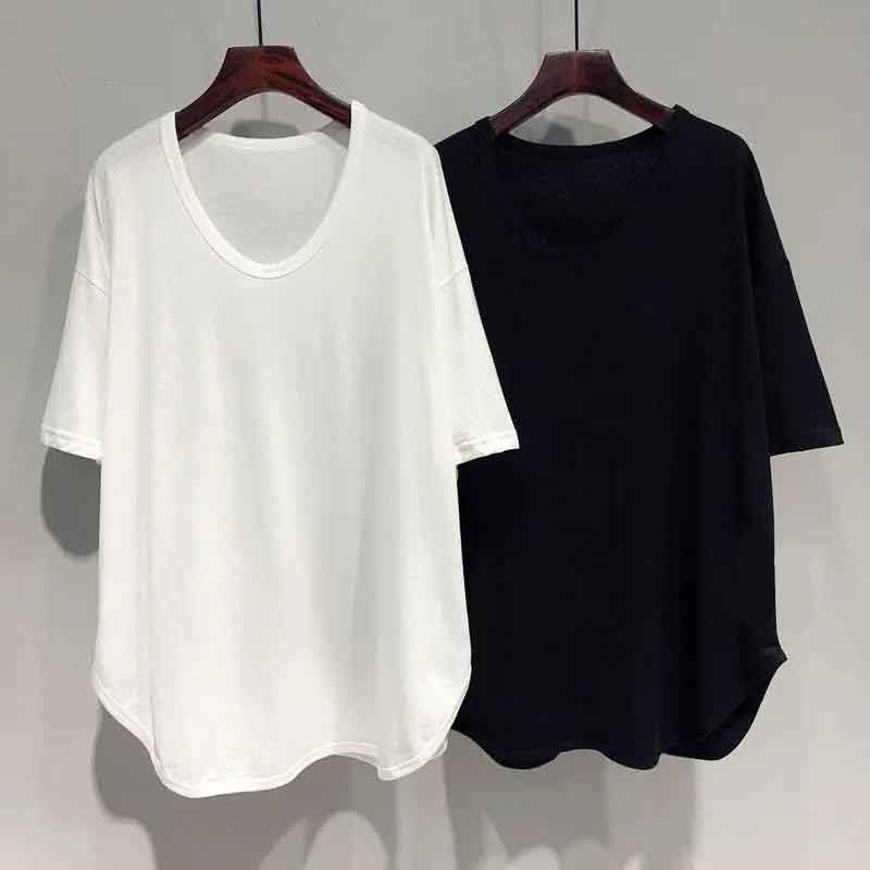 Весенняя и летняя арка, корейская версия корейской версии The Loose, Lazy, футболка средней длины с U-образным воротником и рукавами «летучая мышь», женский топ с короткими рукавами