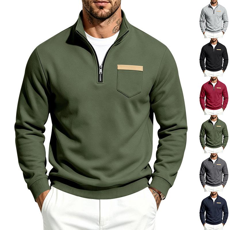 Men’s Autumn/Winter Heavyweight Fleece-Lined Minimalist Retro Stand-Up Collar Pocket Casual Loose-Fit Sports Sweatshirt