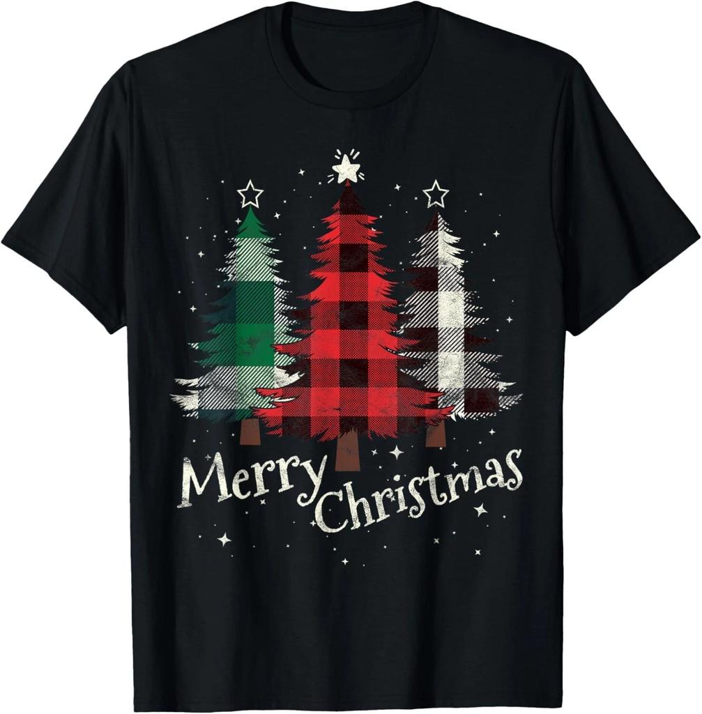 Merry Christmas Three Xmas Trees Buffalo Plaid Woman Gift T- Shirt