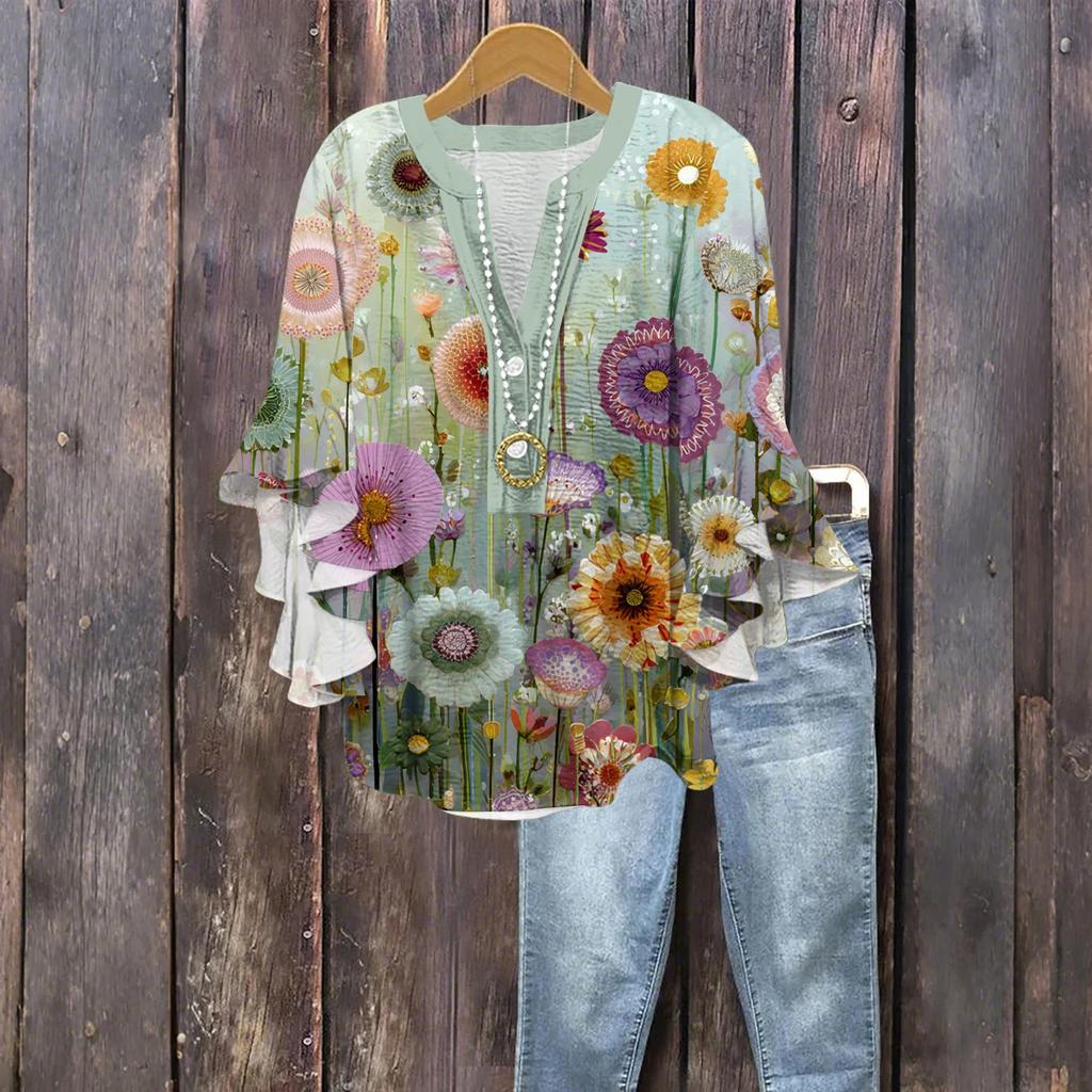 Women's Fashion Button V-Neck Ruffle Seven Sleeve Blouse Floral Printed Top