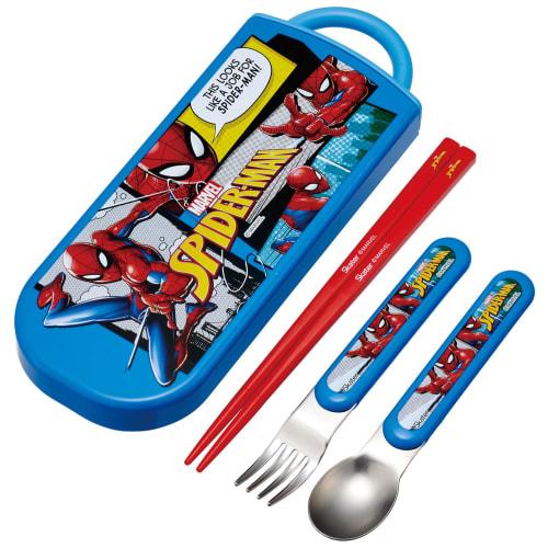 Skater Children's Lunch Box Trio Set Chopsticks Spoon Fork Kids Cutlery Antibacterial Treatment Easy To Open Sliding Type Made In Japan Spiderman 25 B
