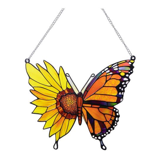 Красочный Ловец Солнца Эффект Витража Бабочка Подсолнух/Зеленый Мотылек Орнамент Акриловый Подвесной Декор для Окна Гостиной Спальни Сада Балкона