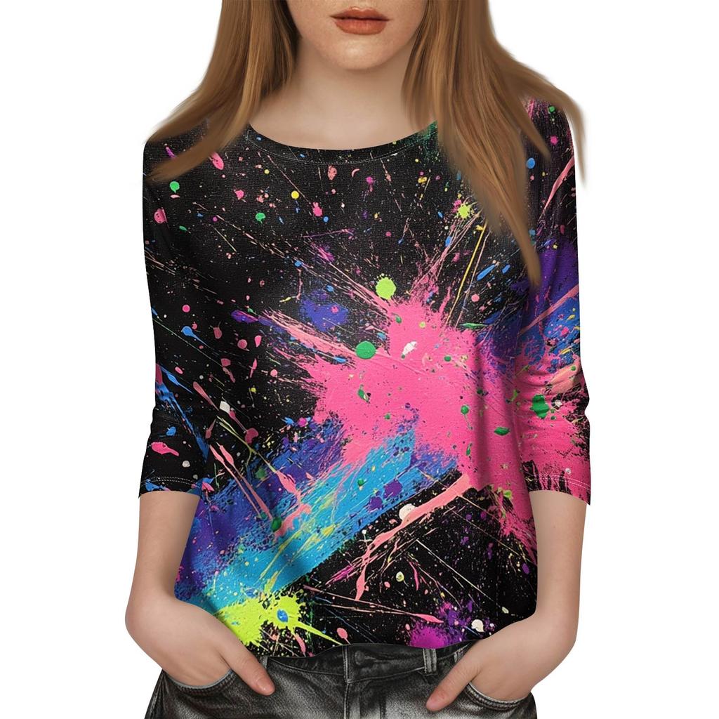 Женская модная повседневная футболка с рукавом семь восьмых, принтом и круглым вырезом