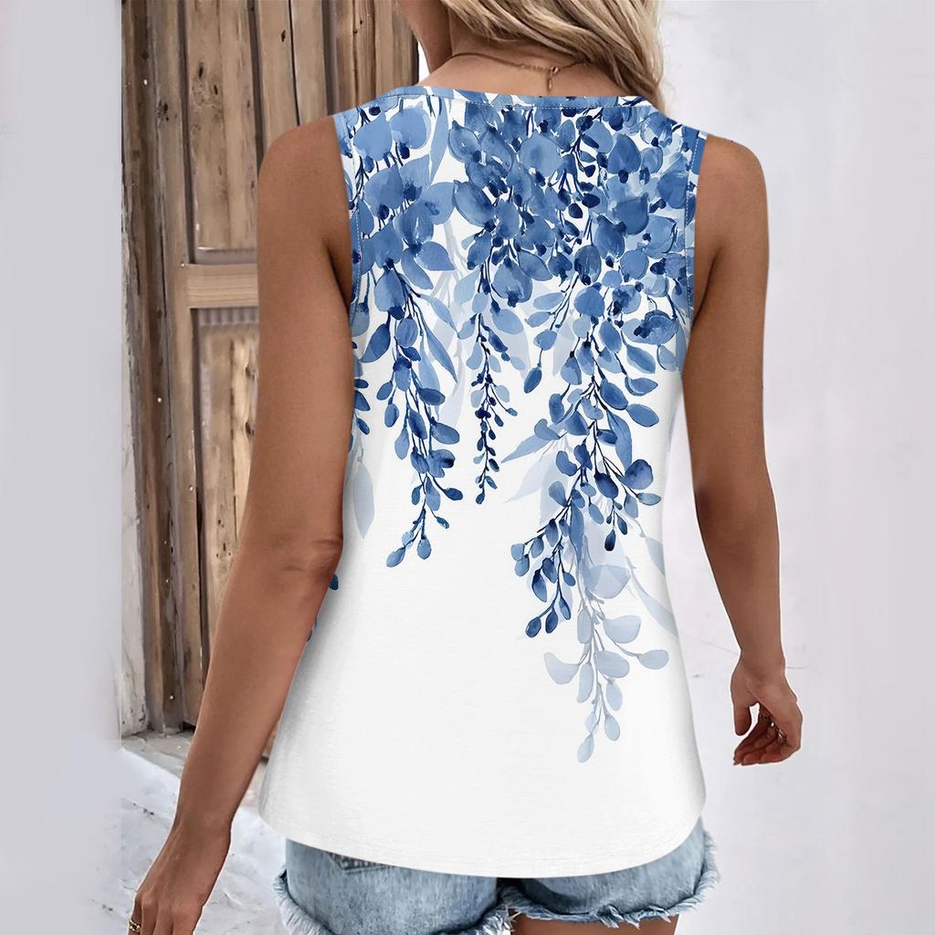 Summer Womens Tank Tops V Neck Casual Printed Sleeveless Shirts Casual Loose Fit Pleated Tshirts Tees Ladies Blouse