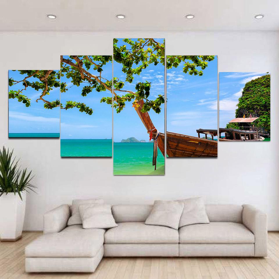 5 панелей, пейзаж, традиционная деревянная длинная лодка, пляж, холст, живопись, постеры и принты, настенное искусство, домашний декор, без рамки