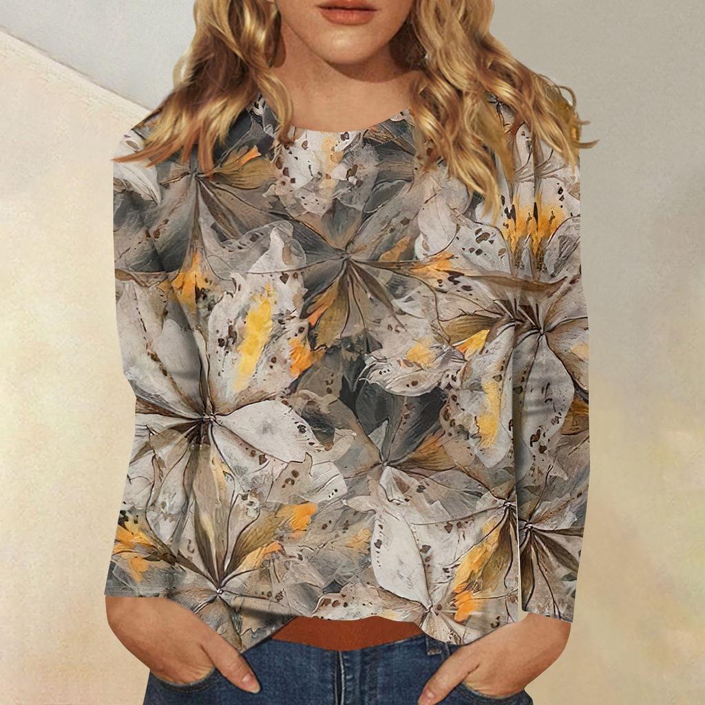 Женская модная повседневная футболка с круглым вырезом и длинным рукавом с принтом, топ