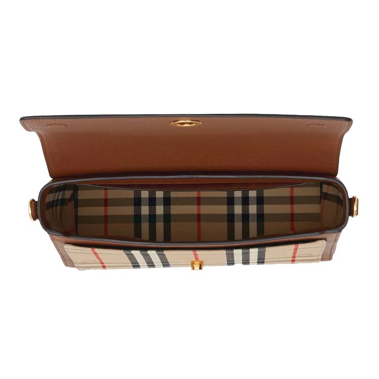 Burberry Сумка через плечо в винтажную клетку с кожаной отделкой, золотой фурнитурой и ремешком с логотипом для повседневного использования