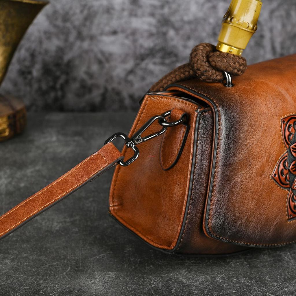 Vintage Embossed Leather Handbags for Women Designer Crossbody Shoulder Bag with Top Handle Chinese Style Handmade Purse 2025