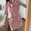 Women's Sexy Halter Off-Shoulder Pink Plaid A-Line Dress