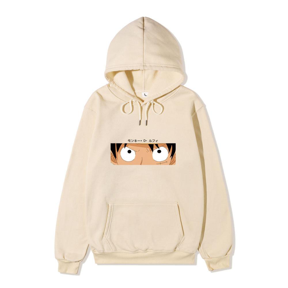 One Piece Monkey D Luffy Hoodie, Anime Character Eyes Print Long Sleeve Pullover Hooded Sweatshirt Casual Streetwear