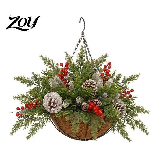Red Berry Pine Cone Hanging Basket Artificial Christmas with Branches, Berries & Pinecones, Winter Front Door Decoration Pre-lit Holiday Planter