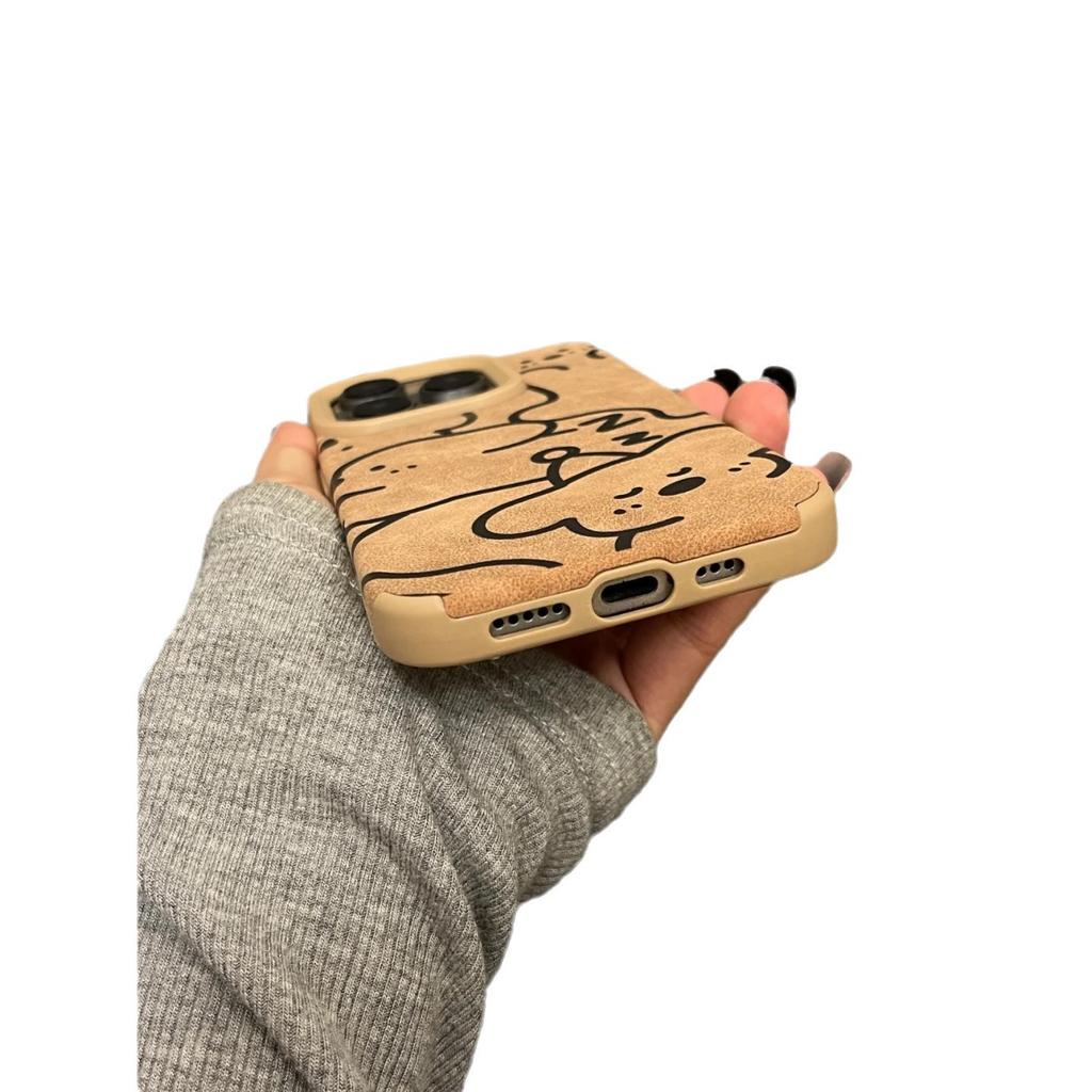 Line Puppy Bear for Apple 16 ProMax Phone Case for IPhone 15 Brown 14 Leather 13 Matte 12