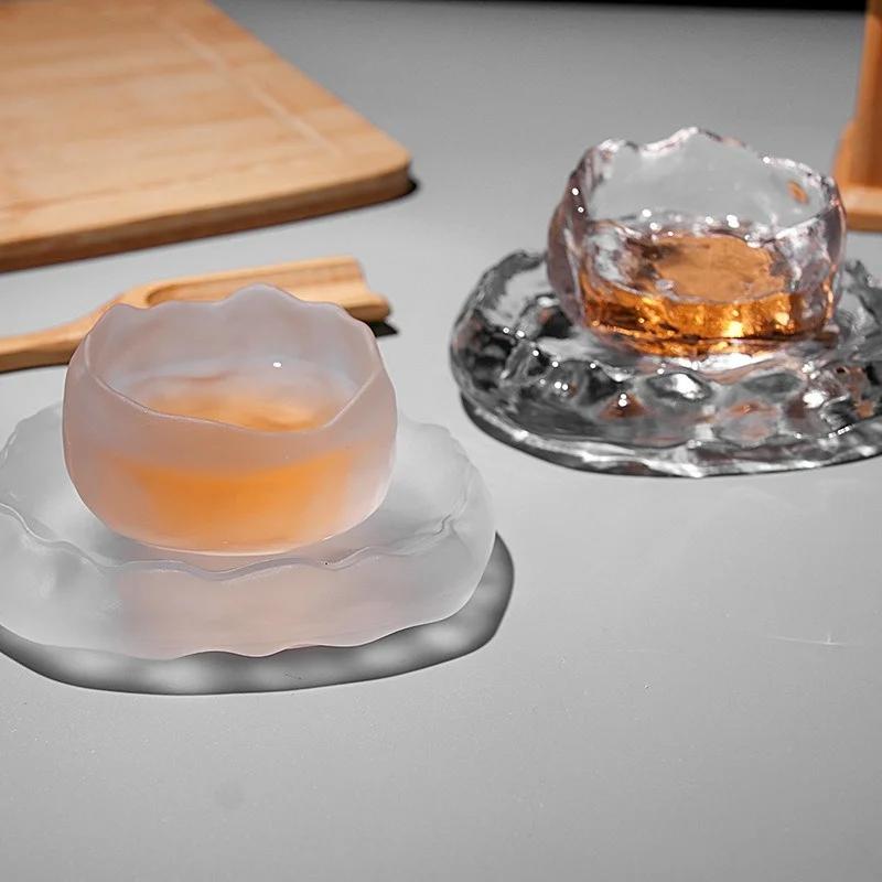 1pc Simple Style Glass Cup Tasting Transparent/Frozen Tea Cups White Wine Cup Kongfu Master Teacup Tea Cup and Tea Mat 2 Style