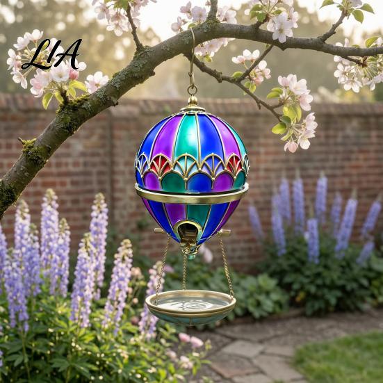 Outdoor Bird Feeder Hot Air Balloon Feeder, Retro Stained Glass Art with Water Tray, Hanging Bath for Garden Patio Backyard Wild Station
