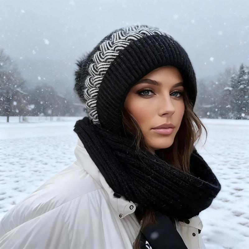 Autumn and Winter Fashion Scarf Hat One-Piece Cute Versatile Knitting Hat Women Ear Protection Neck Brace Thickened for Keep Warmth Knitting Hat
