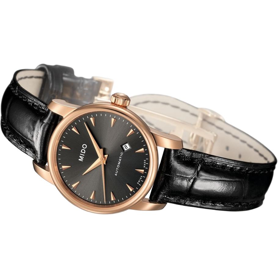 Mido Belem Celli Automatic Mechanical Movement 50m Water Resistant Watch 29mm Gray Dial Stainless Steel Gold Plated Case Leather Strap M7600.3.13.4