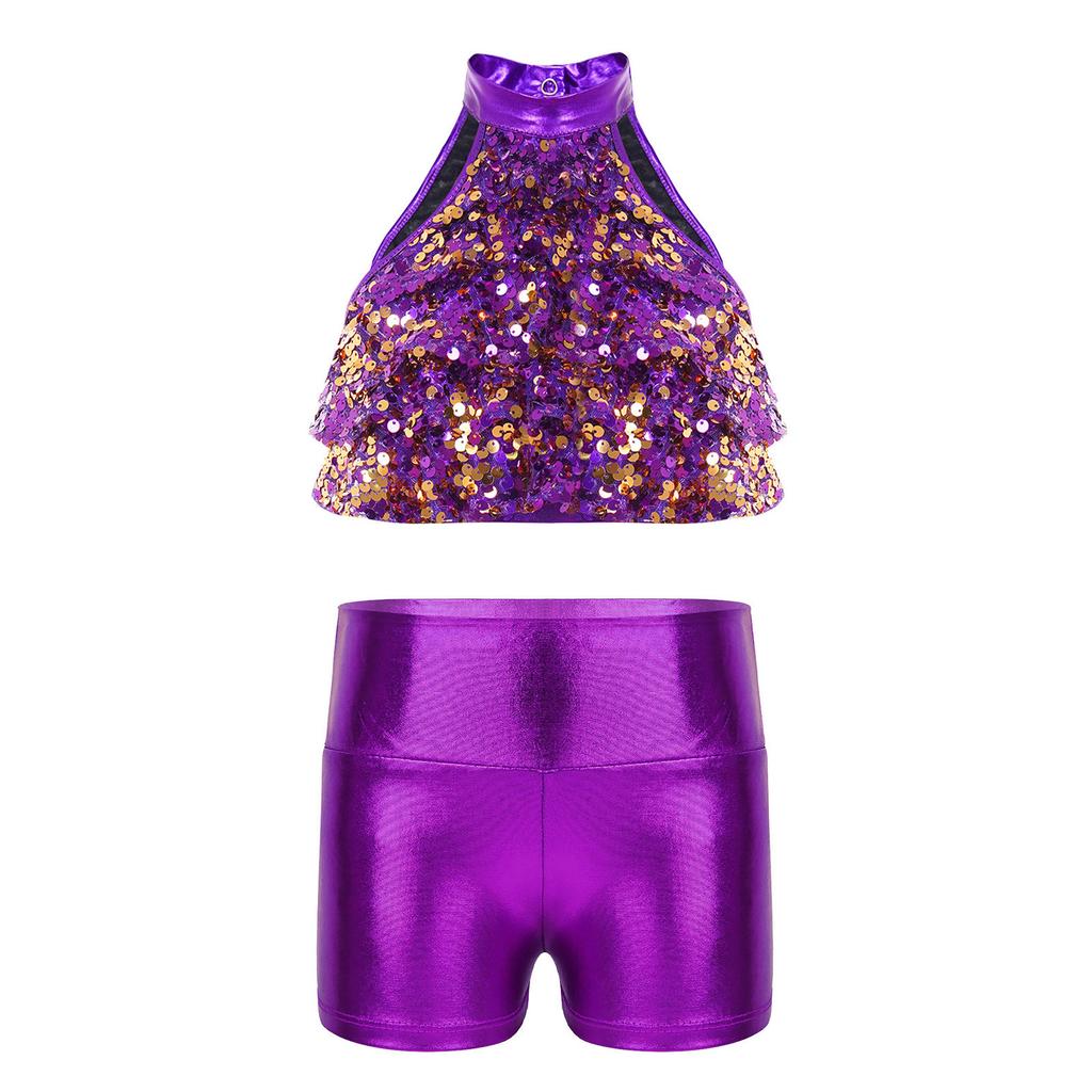 Girls Mock Neck Sleeveless Sequin Crop Top Tiered Shiny Metallic Shorts Stage Dance Outfit