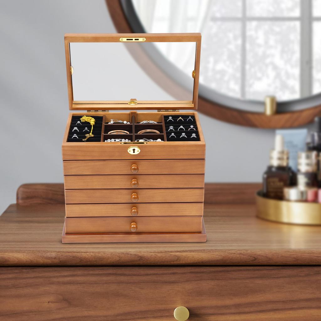 Bymaocar 6-слойная шкатулка для хранения ювелирных изделий с зеркалом, запирающаяся, изысканный резной держатель для хранения, декор, компактный органайзер для туалетного столика