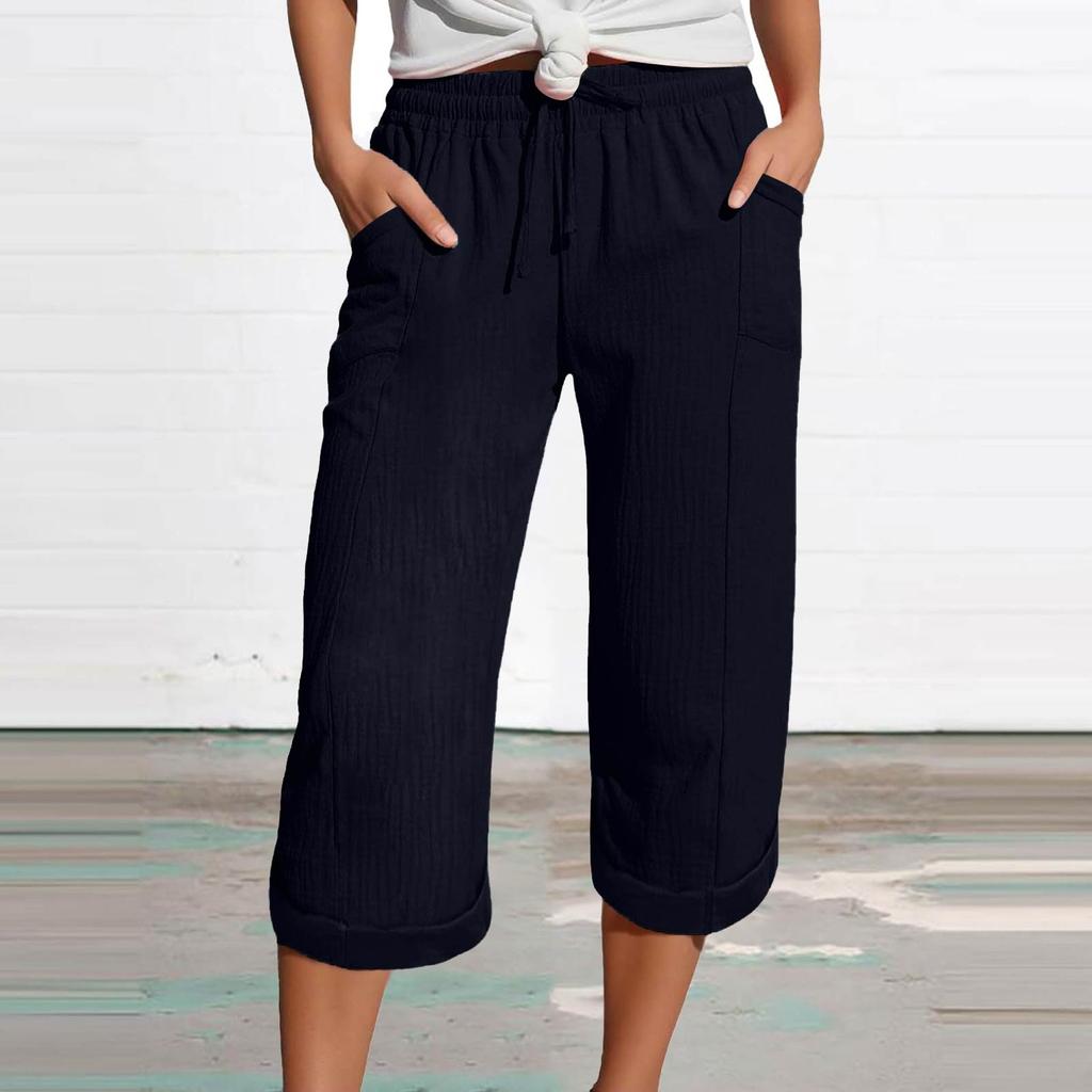 Women's Summer 3/4 Trousers Summer Trousers With Pockets Causal Loose Trousers Fabric Trousers Sport Leisure Beach Trousers