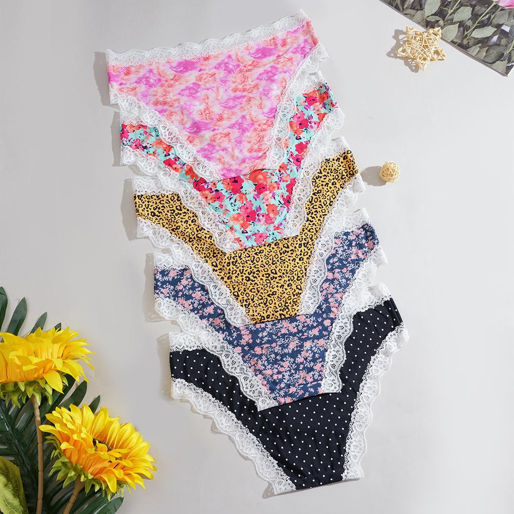 5pcs/pack Fashion Style Print Sexy Lace Women's Panties Low Waist Patchwork Breathable Comfort Female Underpants Sexy Lingerie