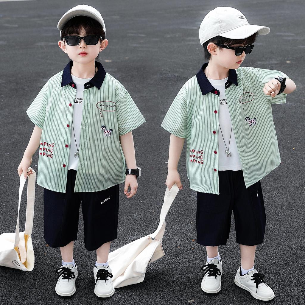 Boys' Shirt Set Summer Thin Edition 2026 New Handsome and Fashionable Baby Summer Clothes Children's Short Sleeve Two piece Set