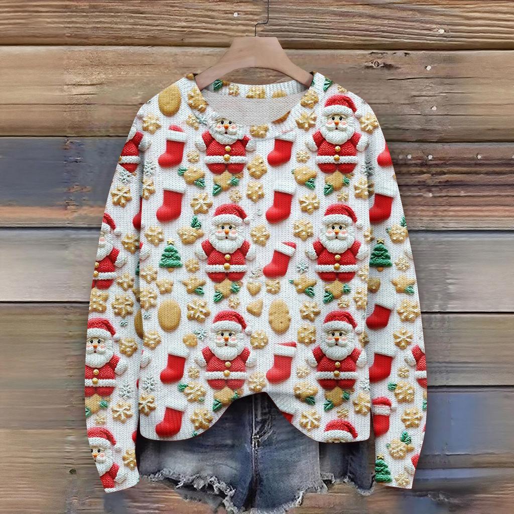 Women's Christmas Print Cardigan Long Sleeve Round Neck Knit Top