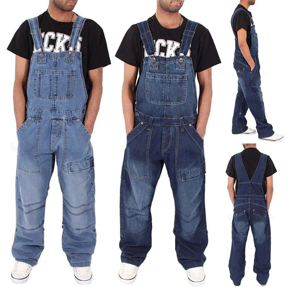 Men's Fashion Denim Work Pants Loose Multi-pocket Casual Workwear Suspenders Jumpsuit Street Casual Men's Wear M-5XL