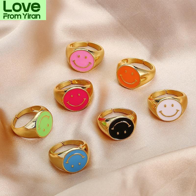Многоцветная эмаль, круглые кольца с улыбкой для женщин, индивидуальность, регулируемое отверстие, улыбающееся лицо, кольца, модные ювелирные изделия, подарок