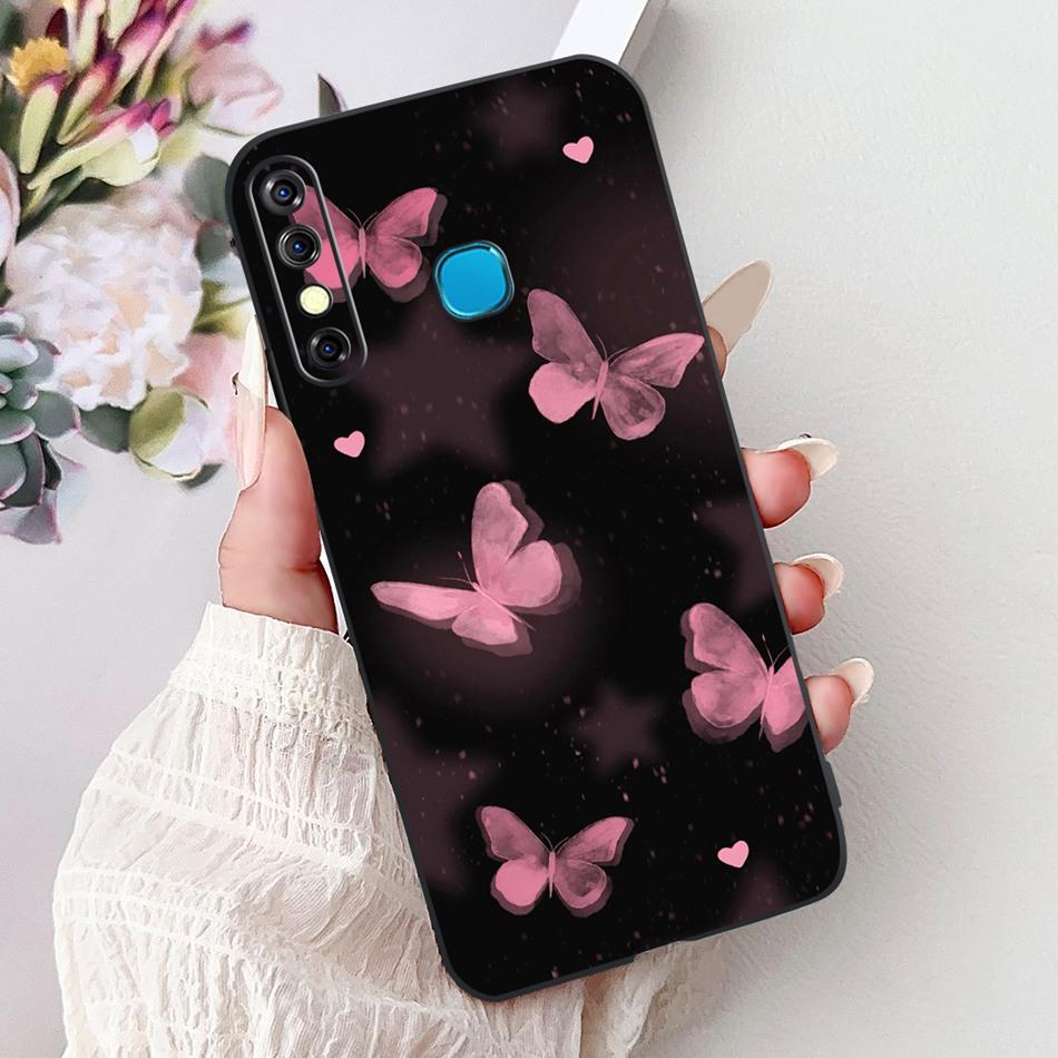 For Infinix Hot 8 Phone Case Hot 8 Lite Hot8 X650 X650C X650B X650D Elegant Floral Cat Pattern Black Silicone Soft TPU Cases
