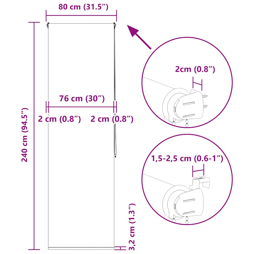 Shower Roller Blind 80 x 240 cm Fabric Width 76 cm