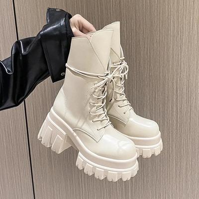 Модные женские ботинки до середины икры 9 см Новая мода Шнуровка Лакированная кожа Массивная обувь Осень Высокие каблуки Платформа Мотоботы для женщины