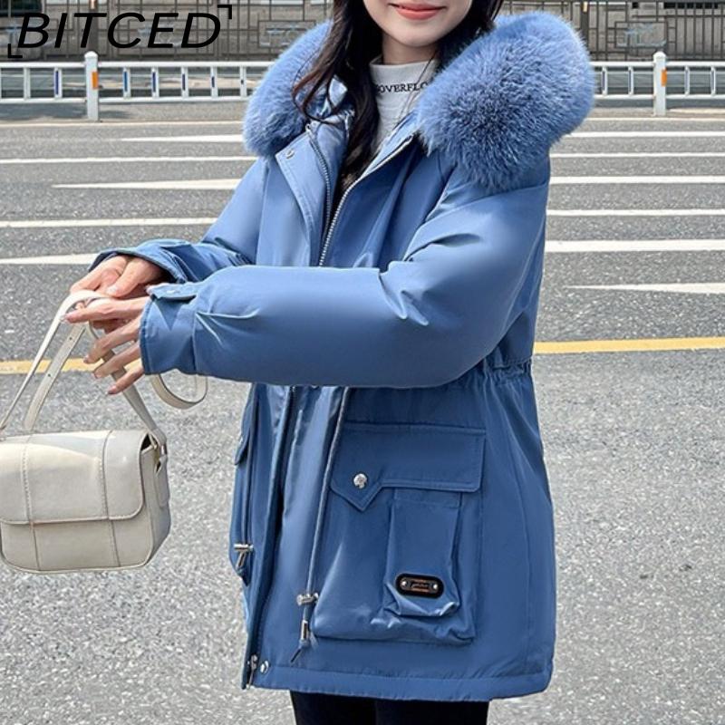 BITCED Winter Thickened Puffer Coat for Women with Waist-cinching, Slimming Fit, Hood and Large Fur Collar for Warmth