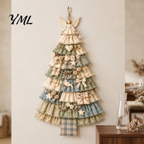 Traditional Craft Sewing Project Christmas Handmade Door Hanging Kit, Patchwork Tree Decoration DIY Textured Fabric Wall Set, Rustic Farmhouse Holiday