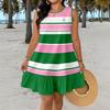European and American style large size striped printing dress sleeveless back bow ruffle edge vacation style casual skirt